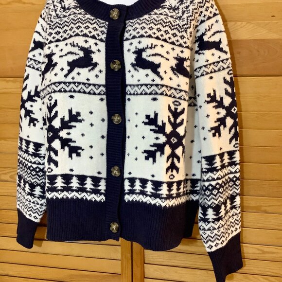 Christmas Sweater  Cardigan Button Reindeer Snowflakes Black White XL - Picture 3 of 8